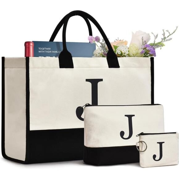 Initial Canvas Tote Bag Birthdays Gift for Women J 3pcs - Picture 1 of 7